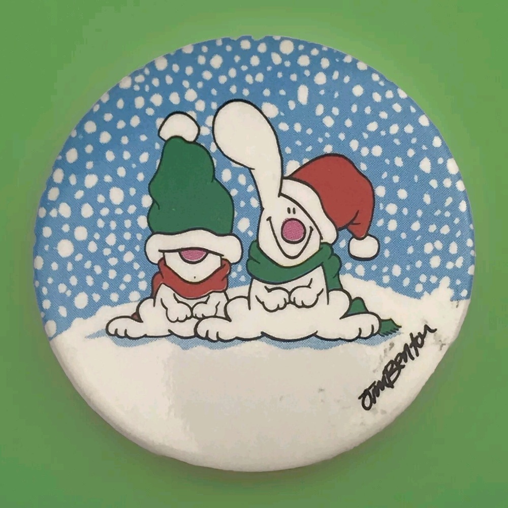 Jim Benton Pinback Christmas Snow Rabbits Vintage 1988 Collectible